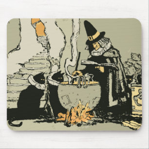 Mousepad Halloween Vintage, Bruxa com Caldeirão e Gatos