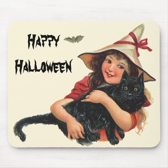 Mousepad Halloween Vintage, Bruxa Menina com Gato Preto (Frente)