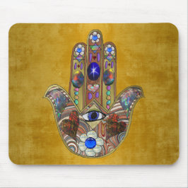 Mousepad Hamsa Hearts Flowers Opal Art em Dourado