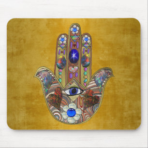 Mousepad Hamsa Hearts Flowers Opal Art em Dourado