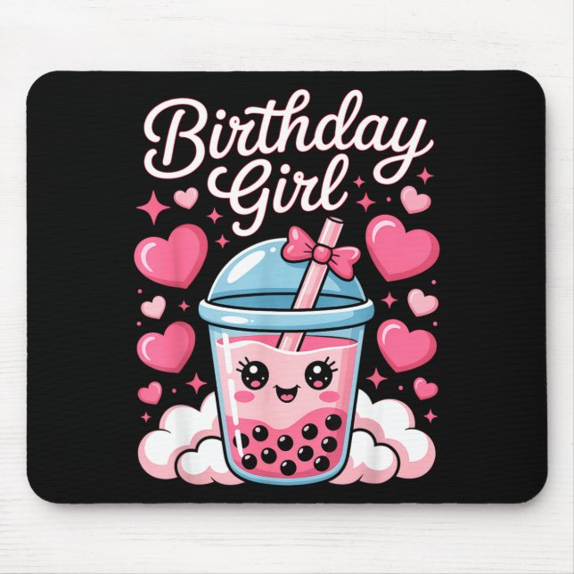 Mousepad Happy Birthday Girl Cute Nk Bow Bubble Boba Tea An (Frente)