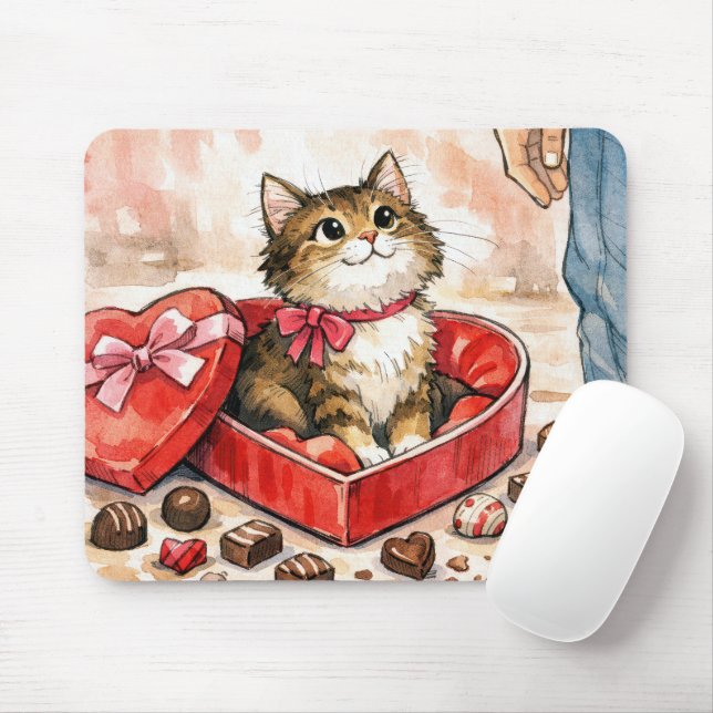 Mousepad Happy Cat In a Valentine Candy Heart Box (Com mouse)