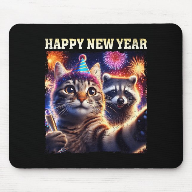 Mousepad Happy New Year 2026 Cute Cat Raccoon Celebration  (Frente)