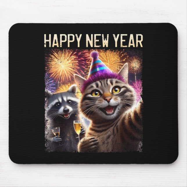 Mousepad Happy New Year 2026 Cute Cat Raccoon Celebration  (Frente)