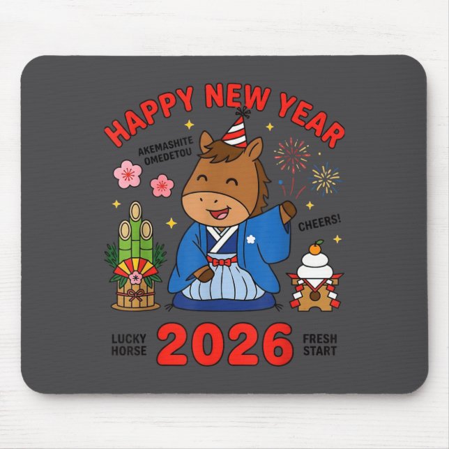 Mousepad Happy New Year 2026 Cute Horse Japanese Celebratio (Frente)