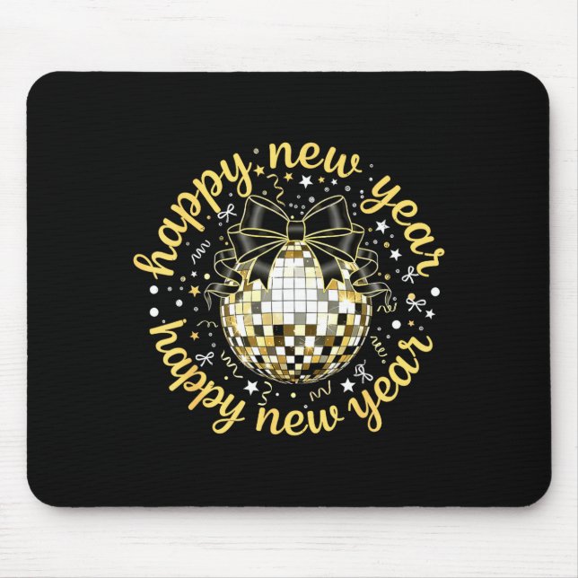 Mousepad Happy New Year 2026 Disco Ball Gold Bow Coquette C (Frente)