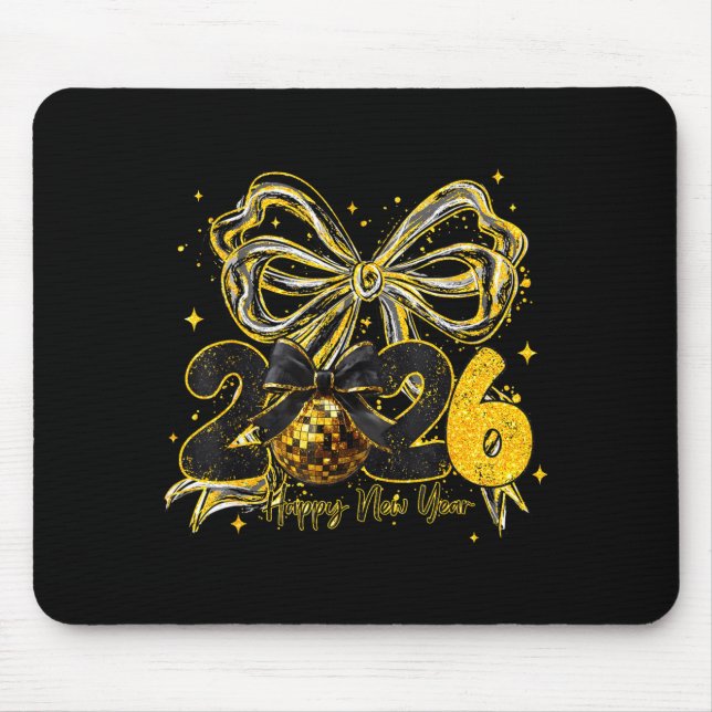 Mousepad Happy New Year Cute Gold Disco Ball Bow New Year's (Frente)