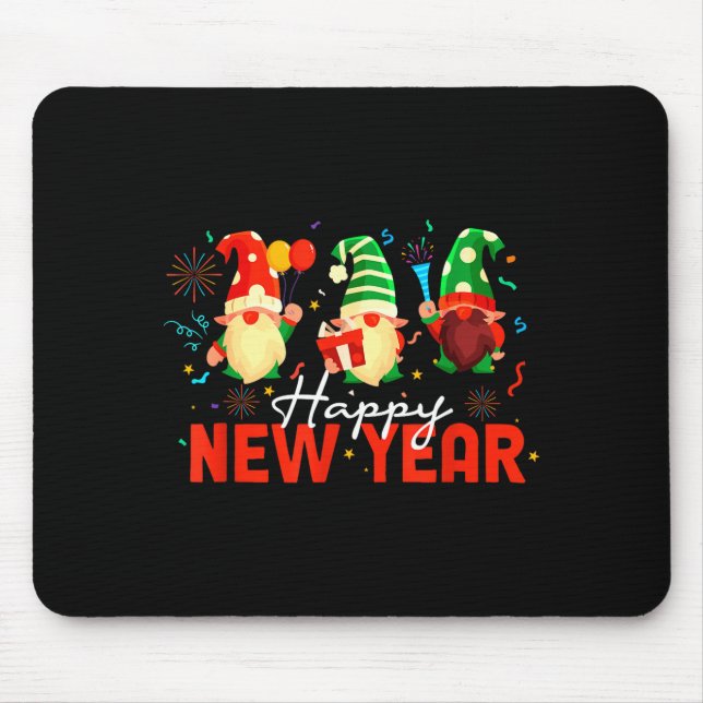 Mousepad Happy New Year Three Gnomes Fireworks Confetti Nye (Frente)
