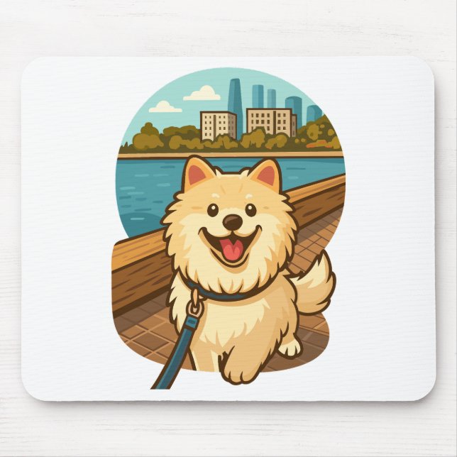 Mousepad Happy Samoyed Walk by the City Waterfront (Frente)