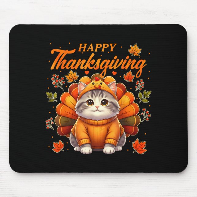 Mousepad Happy Thanksgiving Cat Turkey Day Autumn Fall Men  (Frente)