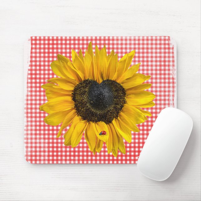 Mousepad Heart Sunflower e Ladybug em Gingham (Com mouse)
