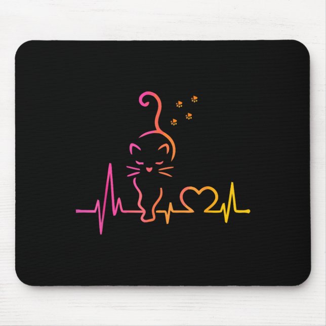 Mousepad Heartbeat Cat Lover Animal Silhouette Cute Cat  (Frente)