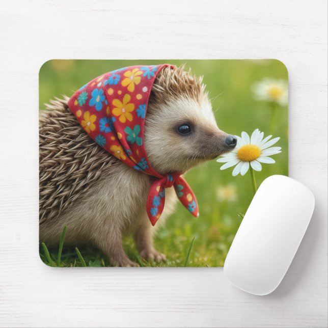 Mousepad Hedgehog Wearing a Headscarf Sniffing a Daisy (Com mouse)
