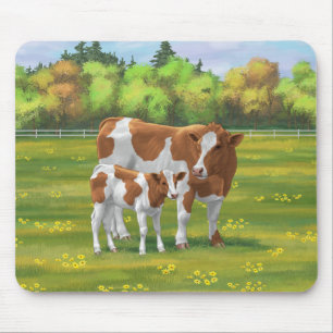 Mousepad Hereford Cow & Cute Calf em Pastura de Verão