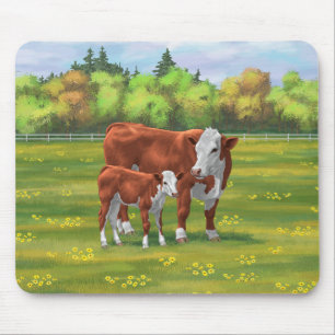Mousepad Hereford Cow & Cute Calf na Pastagem de Verão