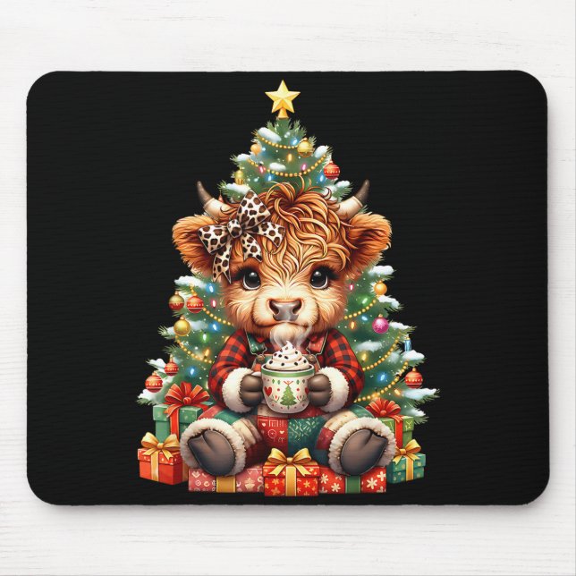 Mousepad Highland Cow Christmas Tree Cute Heifer Cow Mooey  (Frente)
