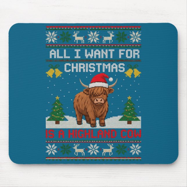 Mousepad Highland Cow Christmas Ugly Sweater Style Festive  (Frente)