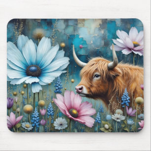 Mousepad Highland Cow Floral Colorida Cosmos Tapeçaria II