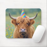 Mousepad Highland Cow with Birthday Party Hat<br><div class="desc">A Highland cow stands in a field of colorful wildflowers,  wearing a birthday party hat</div>