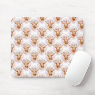 Mousepad Highland Cows Pink Florals Watercolor Trendy