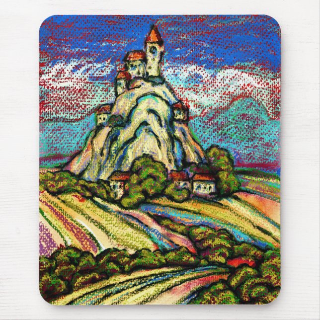 Mousepad Hill Castle Fantasy Pastel Painting (Frente)