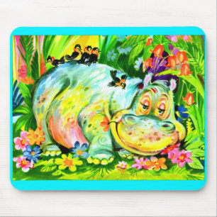 Mousepad hipopótamo e aves coloridos brilhantes