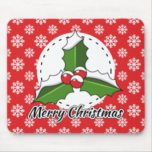 Mousepad Holly on Red White Snowflakes - Feliz Natal