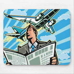 Mousepad Homem de negócios com jornal e avião acima