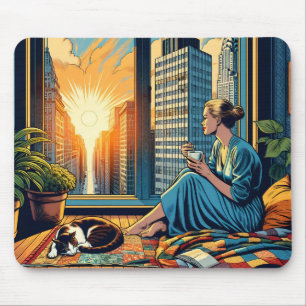 Mousepad Hora da Manhã na Cidade Mulher Refletindo