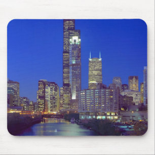 Mousepad Horizonte de Chicago, Illinois, à noite com Chicag