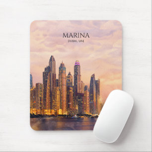 Mousepad Horizonte de Dubai Marina Aquarela Luzes da Cidade