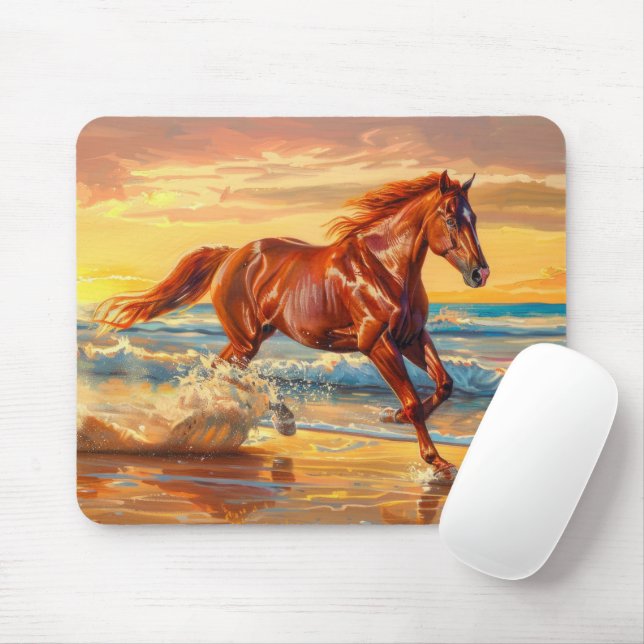 Mousepad Horse Beach Ocean Sunset Painting (Com mouse)