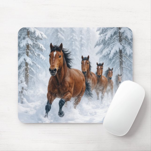 Mousepad Horses Running Through a Snowy Forest (Com mouse)