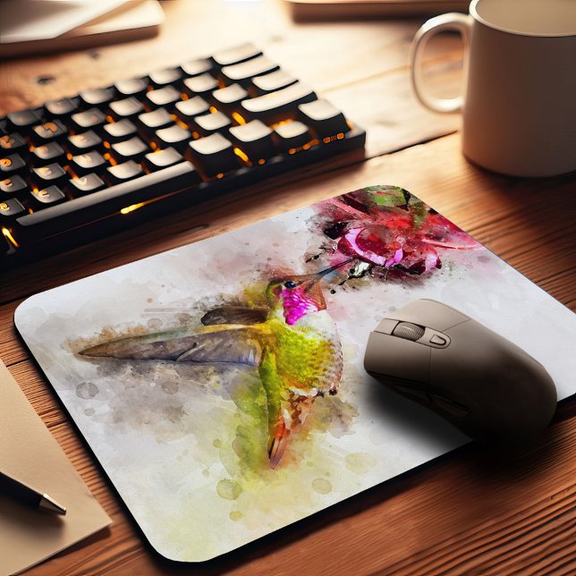 Mousepad Hummingbird com flor Watercolor - 04 (Hummingbird Feeding on Pink Flower Watercolor. Mouse Pad)