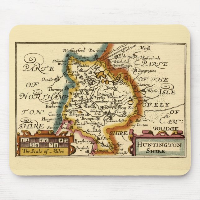 Mousepad Huntingdonshire County England Antigo Mapa Antiquá (Frente)