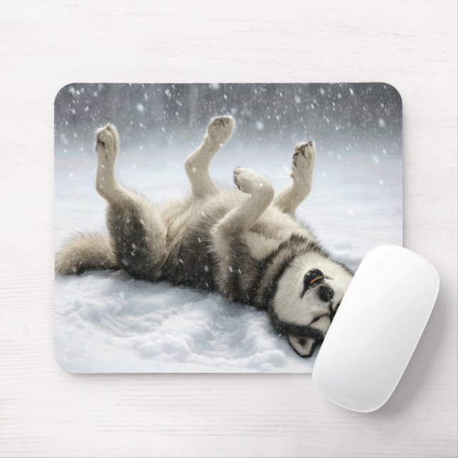 Mousepad Husky Siberiano Fazendo um Anjo de Neve (Com mouse)