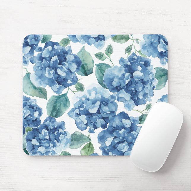 Mousepad Hydrangea Blues | Flores em Aquarela Padrão de Flo (Com mouse)