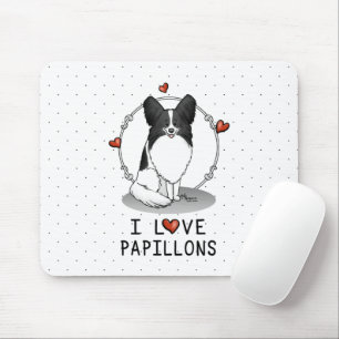 Mousepad I Love Papillons (branco e preto) Hearts Dogs Cute