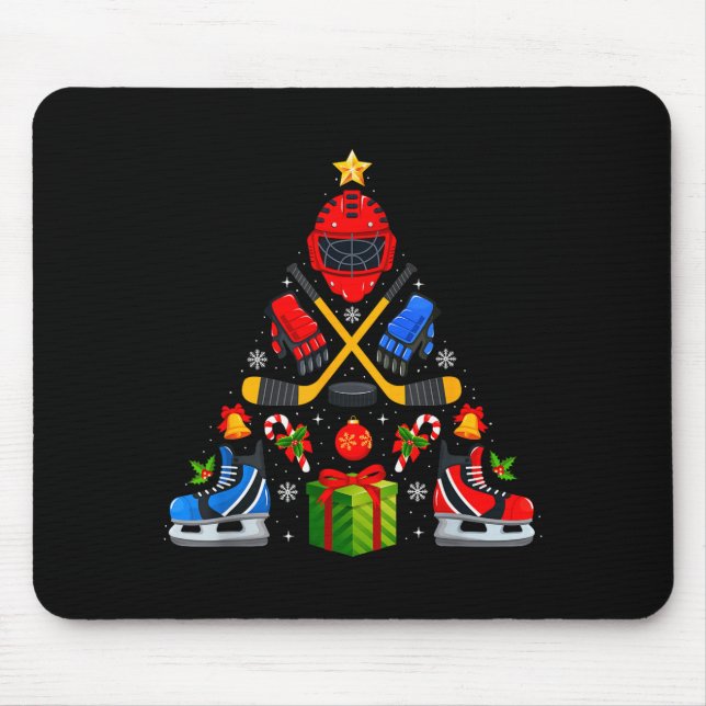Mousepad Ice Hockey Christmas Tree Lights Red Santa Hat Xma (Frente)