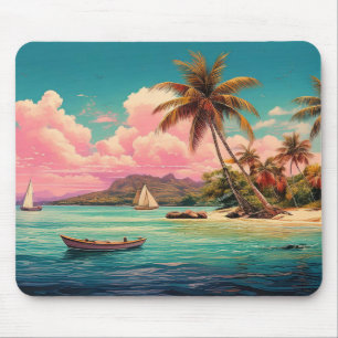 Mousepad Ilha de colheita havaiana, palmeira, barco, rosa