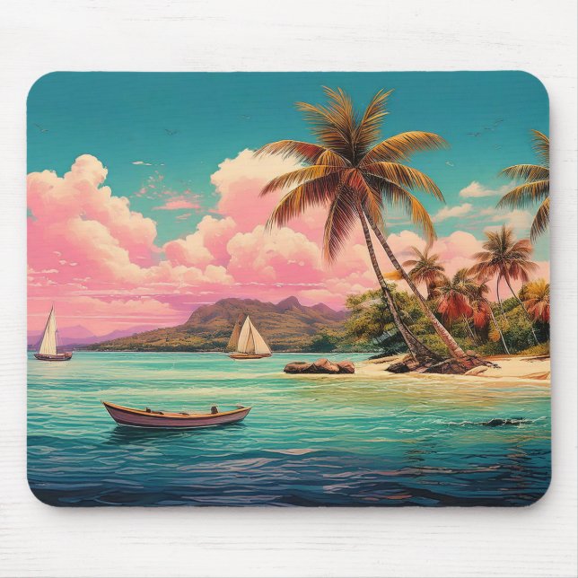 Mousepad Ilha de colheita havaiana, palmeira, barco, rosa (Frente)