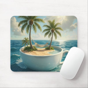 Mousepad Ilha Tropical Com Rede de Descanso numa Xícara