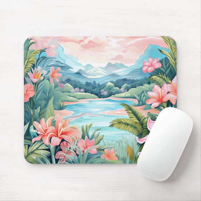 Mousepad Ilha Tropical de Praia Selva Montanhas Floral (Com mouse)