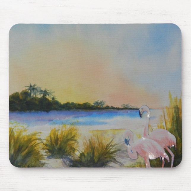 Mousepad Ilha Tropical Rosa Flamingos (Frente)