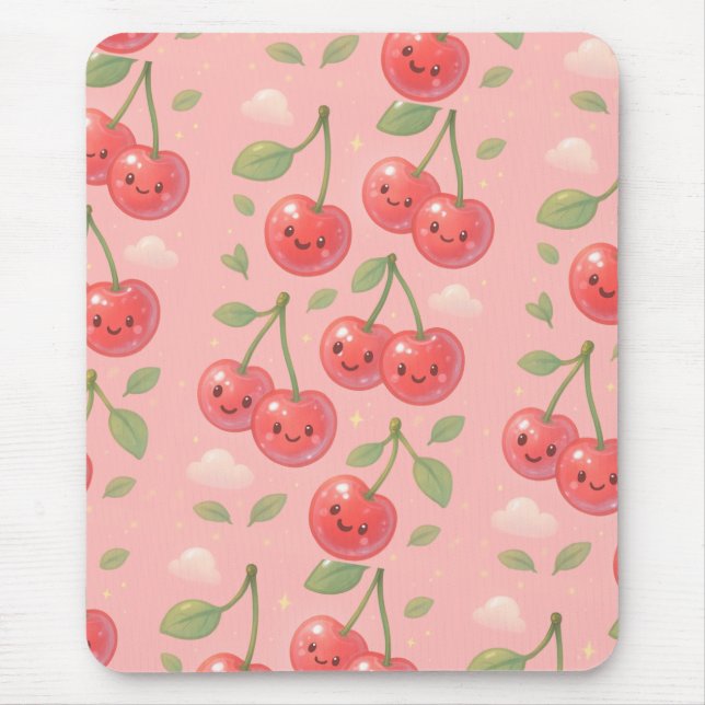 Mousepad Ilustração animada do padrão de cereja Kawaii (Frente)