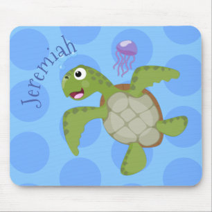 Mousepad Ilustração animada feliz da tartaruga verde-branca