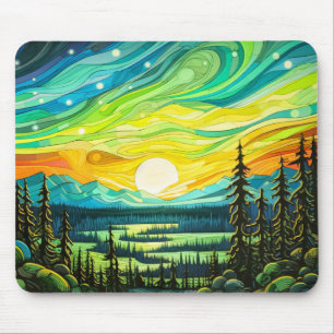 Mousepad Ilustração colorida das luzes do Norte Abstrato
