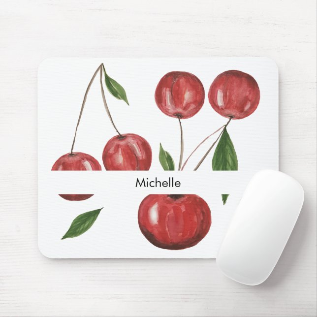 Mousepad Ilustração de Aquarela de Cerejas Doce Monogramada (Com mouse)
