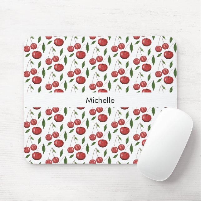 Mousepad Ilustração de Aquarela de Cerejas Doce Monogramada (Com mouse)