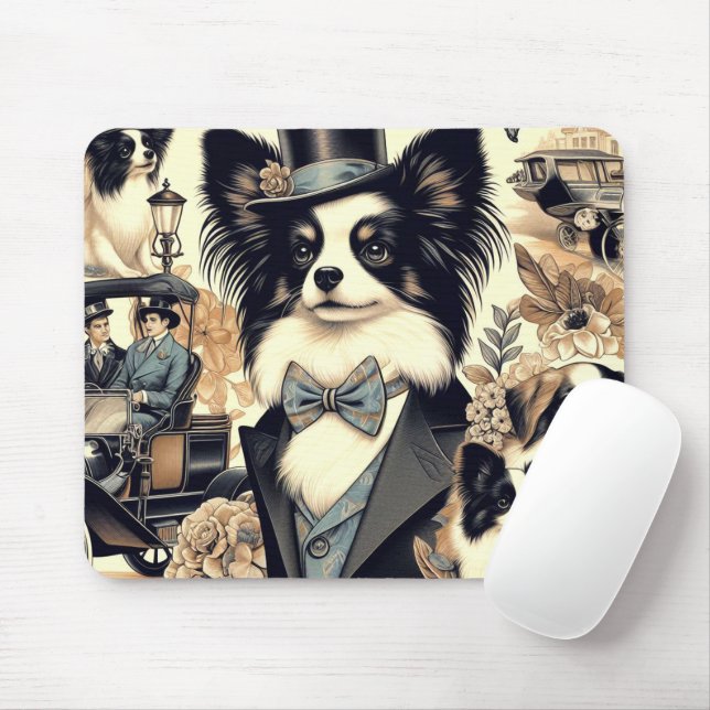 Mousepad Ilustração de Cão Vintage Papillon (Com mouse)